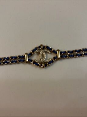 CHANEL Gold and Blue Interlocking CC Chain Bracelet